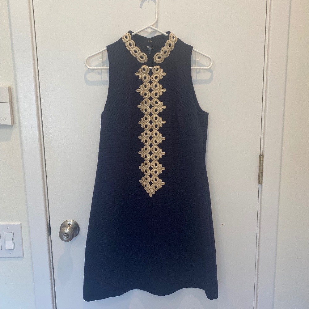 Lily Pulitzer navy/gold Callista High Collar Shift Dress M